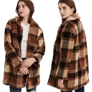 American Eagle Outfitters Brown Plaid Sherpa Teddy Coat Pockets Size Large